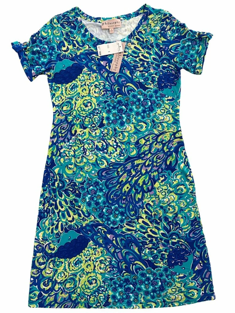 Philosophy Aqua Peacock Print Dress Knee Length S M L XL NWT - Picture 2 of 9